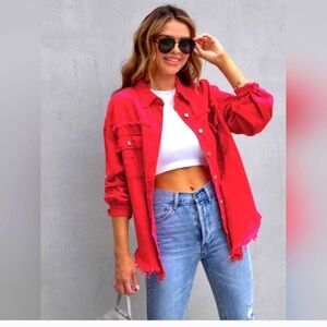 Women's Deep Red Distressed Drop Shoulder Denim Jacket NWOT